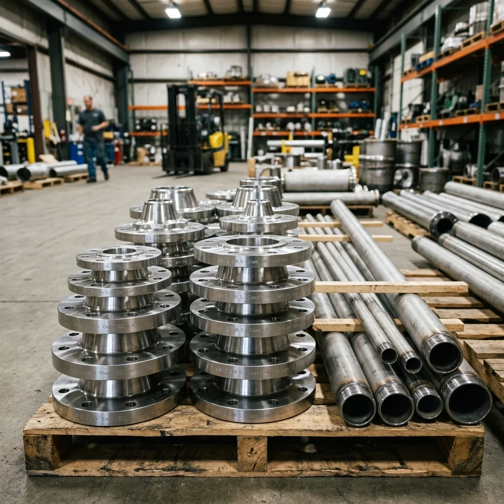 Stack of finished steel flanges and pipes