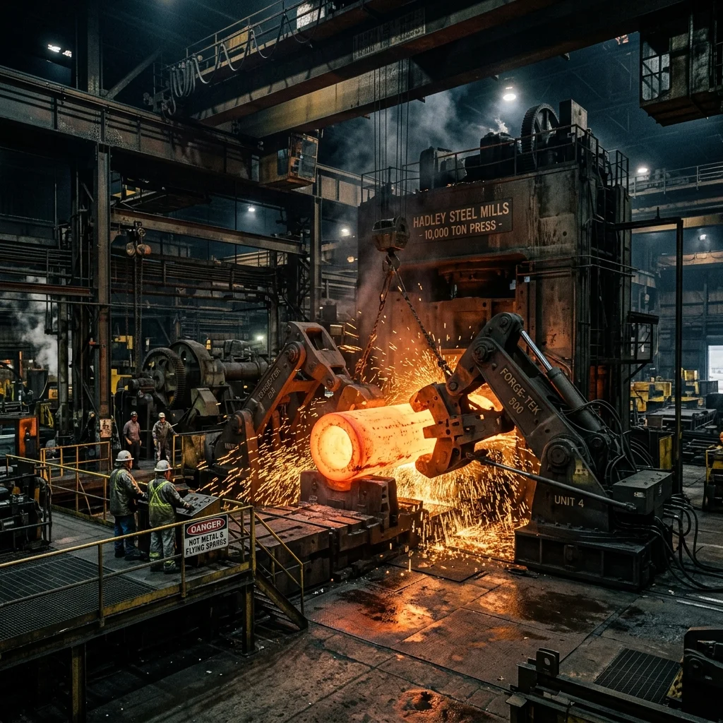 Heavy duty forging hook crane moving glowing metal cylinder